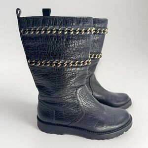 TORY BURCH Connell Boots Size 6 Black Leather Chain Trim Mid-Calf Biker Moto